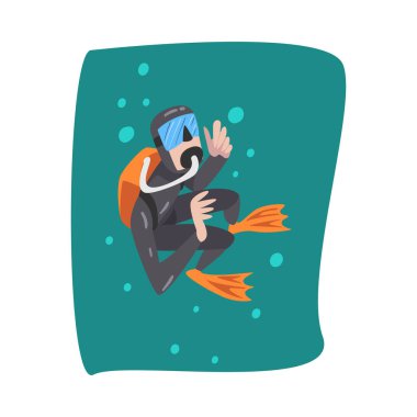 Profesyonel Sualtı Dalgıcı Kara Dalgıç, Maske, Flippers ve Denizde Solunum Yüzmek İçin Ekipman, Ekstrem Su Sporları Çizgi Filmi Stili Vektör Çizimi