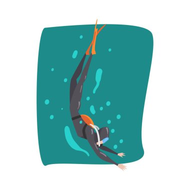 Dalgıç kıyafetli erkek dalgıç, şnorkel, maske, yüzgeçler ve nefes alma aletleri denizde dalış, ekstrem su sporları çizgi film stili vektör ilülasyonu