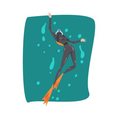 Dalgıç kıyafetli erkek dalgıç, şnorkel, maskeli ve yüzgeçli dalış, Yaz Suyu Çizgi Filmi Modellemesi