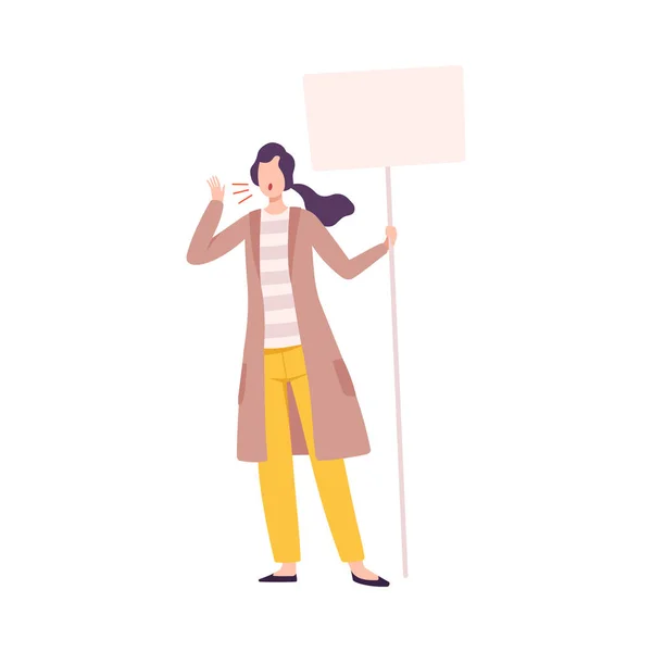 Mujer joven de pie con letrero en blanco reclamando sus demandas, lucha por la libertad, la independencia, la igualdad, el poder femenino y los derechos Estilo plano Vector Ilustración — Vector de stock