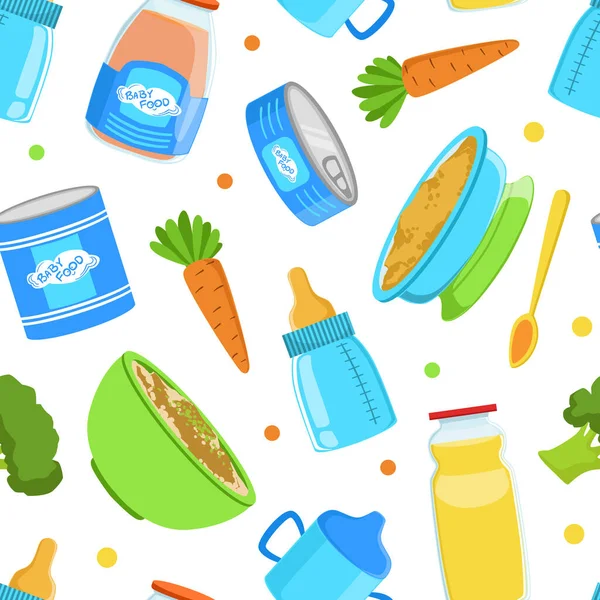 Patrón sin costura de alimentos para bebés, Primera comida saludable para niños pequeños, Papel pintado, Embalaje, Diseño de fondo Ilustración de vectores de dibujos animados — Vector de stock