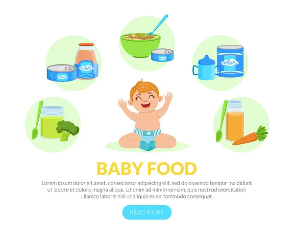 Template babyvoeding landingspagina, Gezonde eerste maaltijd voor peuters, Organisch menu voor kinderen, Illustratie babyvoeding — Stockvector