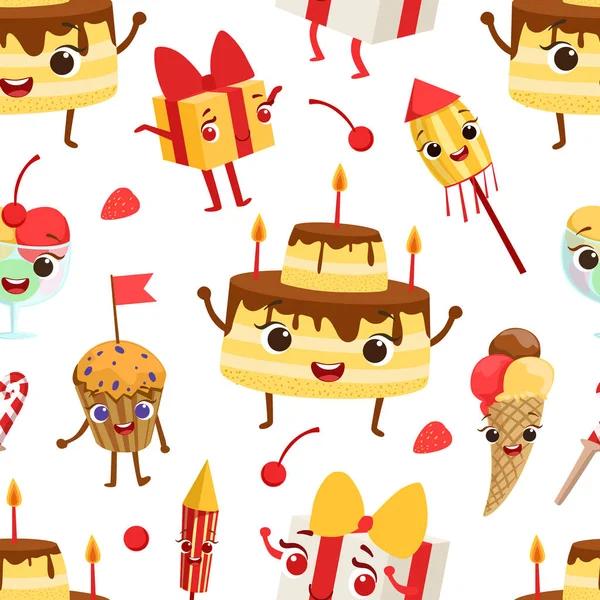 Verjaardag Party Naadloos patroon met leuke grappige Desserts Karakters, Textiel, Wallpaper, Verpakking, Achtergrond Ontwerp Vector Illustratie — Stockvector