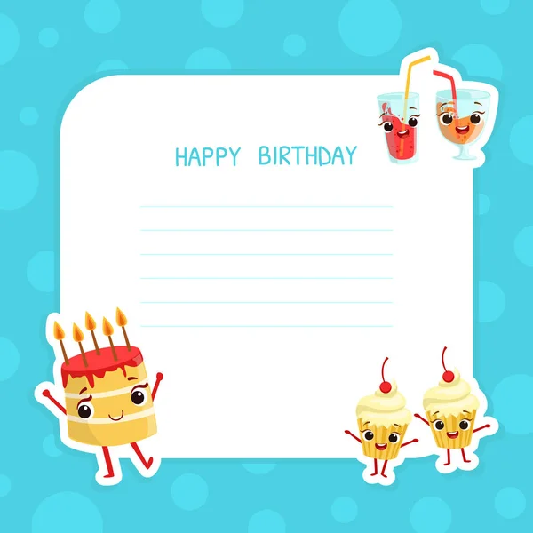 Happy Birthday Banner Template with Space for Text and Cute Funny Desserts Characters, Αφίσα, Πρόσκληση ή Χαιρετισμός Εικονογράφηση Διάνυσμα Κάρτας — Διανυσματικό Αρχείο