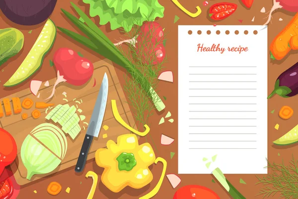 Vegetais frescos Receita saudável Cookbook fundo, Cozinhar ingredientes na cozinha Tabela Vector Ilustração — Vetor de Stock