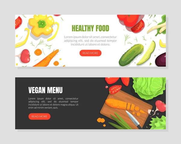 Zdrowa żywność, Wegańskie Menu Landing Page Template Set, Organic Shop, Online Food Ordering Website, App, Strona główna Wektor Ilustracja — Wektor stockowy