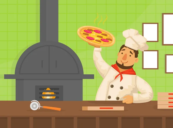 Chef que sostiene la pizza recién preparada, Pizza Maker Coolking Pizza en el horno Ilustración plana del vector — Archivo Imágenes Vectoriales