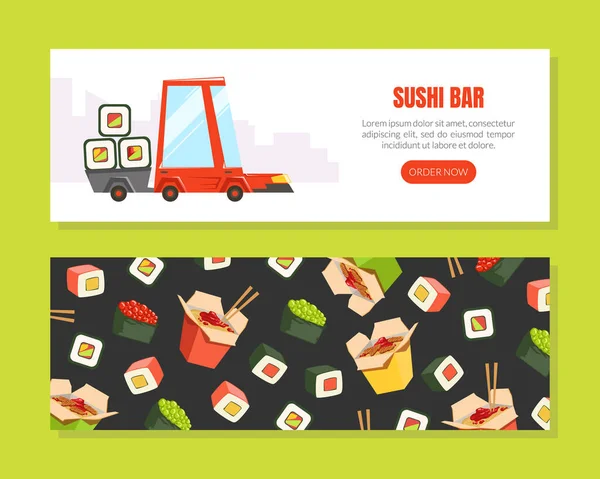 Sushi Bar Landing Page Templates Set, Tradycyjne azjatyckie jedzenie ekspresowe dostawy, Online Food Ordering Website, Strona główna Wektor Ilustracja — Wektor stockowy