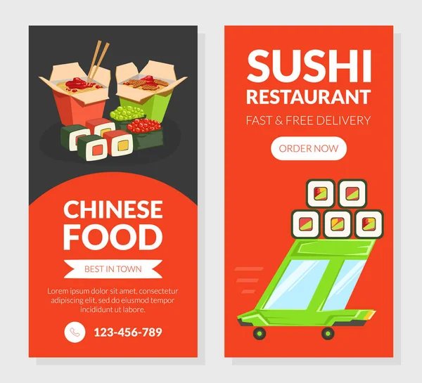 Sushi Restaurant, Set di modelli di pagina di atterraggio del cibo cinese, Consegna rapida e gratuita di pasti asiatici tradizionali, Sito web di ordinazione di alimenti online, Homepage Illustrazione vettoriale — Vettoriale Stock