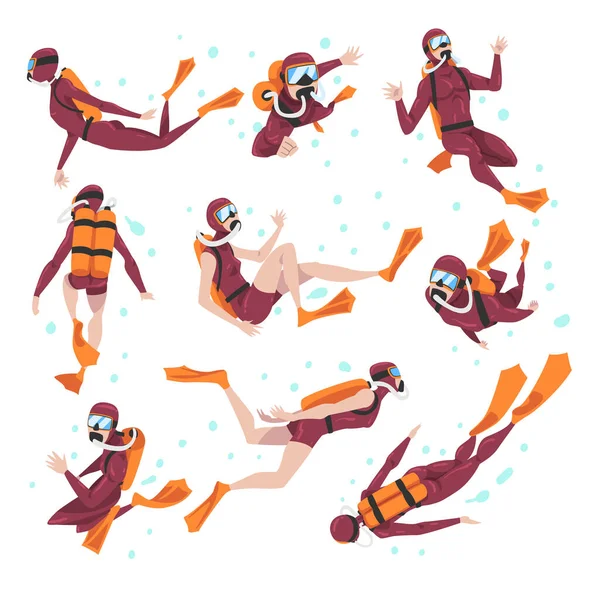 Conjunto de mergulhadores em Wetsuit, Máscara e Chinelos Mergulho no Mar, Desporto Aquático de Verão, Extreme Hobby Cartoon Style Vector Illustration — Vetor de Stock