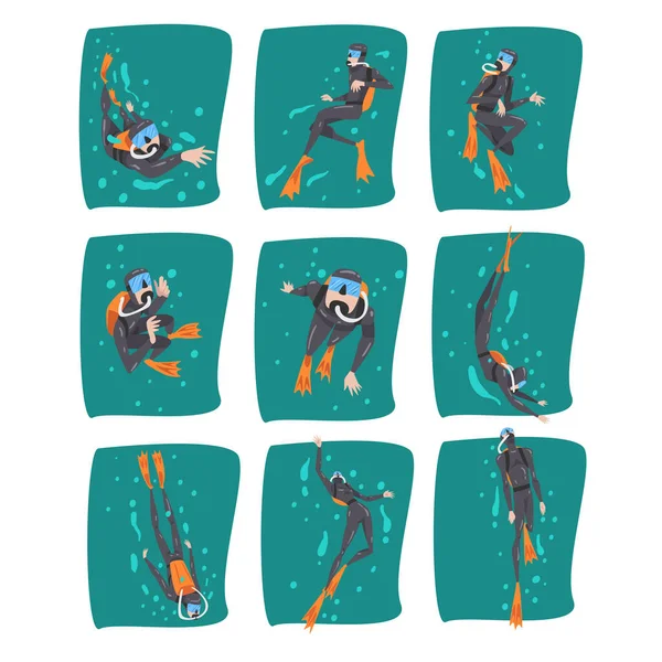 Ensemble de plongeurs sous-marins professionnels, Plongée en combinaison, Tuba, Masque et Pantoufles Natation dans la mer, Illustration vectorielle de style dessin animé de sport nautique extrême — Image vectorielle