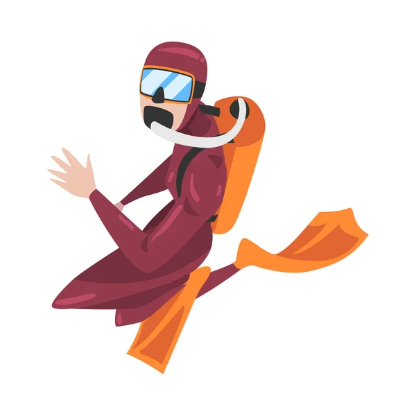 Mergulhador em Wetsuit, Máscara, Chinelos e Equipamento de Respiração Mergulho Subaquático, Desporto Aquático ou Extremo Hobby Cartoon Style Vector Illustration — Vetor de Stock
