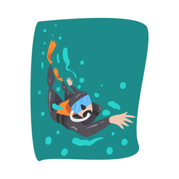 Professional Male Diver in Wetsuit, Snorkel, Mask and Flippers Diving in the Sea, Extreme Water Sport Cartoon Style Vector Illustration — Stock Vector
