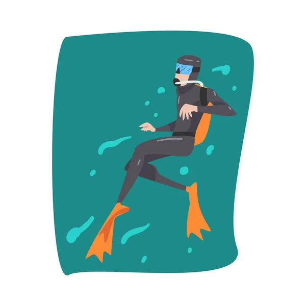 ウェットスーツの男性ダイバー,シュノーケリング,海でマスクとフリッパーダイビング,極端なウォータースポーツ漫画スタイルベクトルイラスト — ストックベクタ