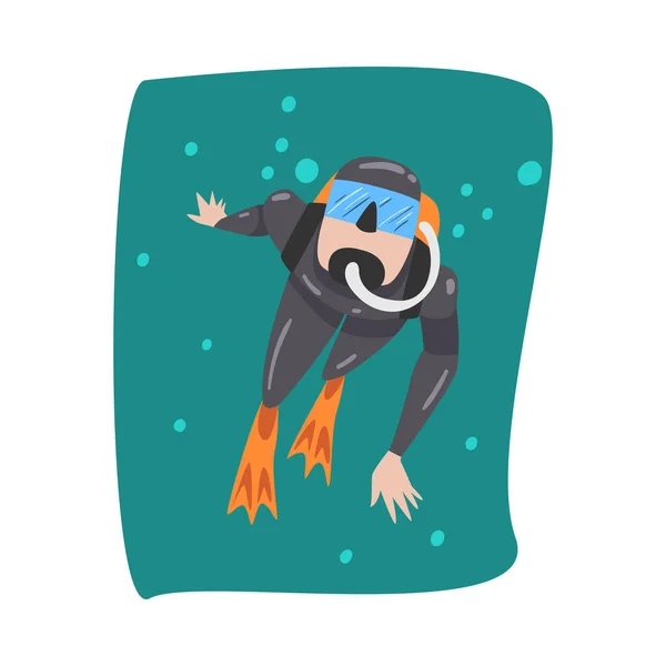 Underwater Scuba Diver in Black Wetsuit, Mask, Flippers and Breathing Equipment Swimming in the Sea, Extreme Water Sport Cartoon Style Vector Illustration — Stock Vector