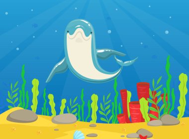 Suyun altında yüzen yunus, Büyük Okyanus Akvaryumunda Güzel Deniz Hayvanı Cephesi Görünümü veya Yunus Vektörü İllüzyonu