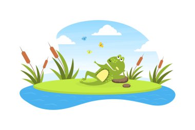 Yeşil Komik Kurbağa Gölette Yalan Söylüyor, Sevimli Amfibi Yaratık Posteri Lily Pad Çizgi Filmi Vektör İllüstrasyonu