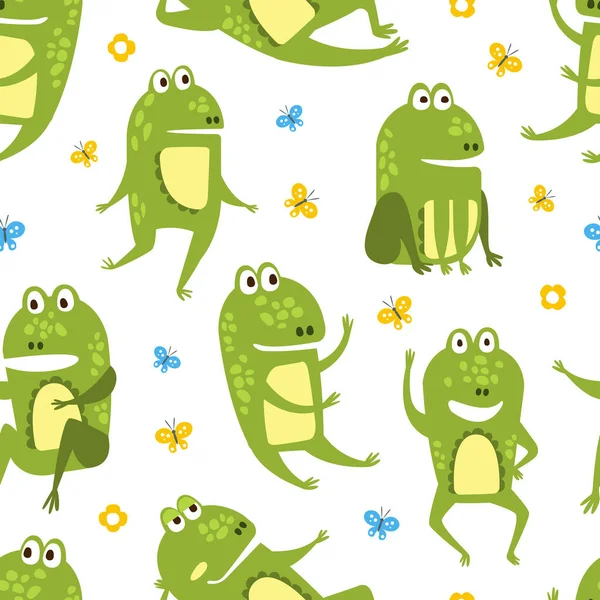 Grüner lustiger Frosch nahtloses Muster, niedliche Amphibienwesen Charakter, Textil, Tapete, Verpackung, Hintergrunddesign Vektor Illustration — Stockvektor