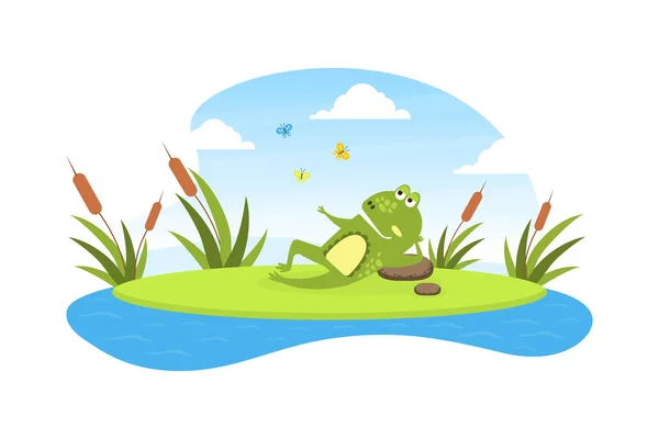 Green Funny Frog Lying on Leaf in Pond, Cute Amphibian Creature Character Posing on Lily Pad Cartoon Vector Illustration — Stock Vector