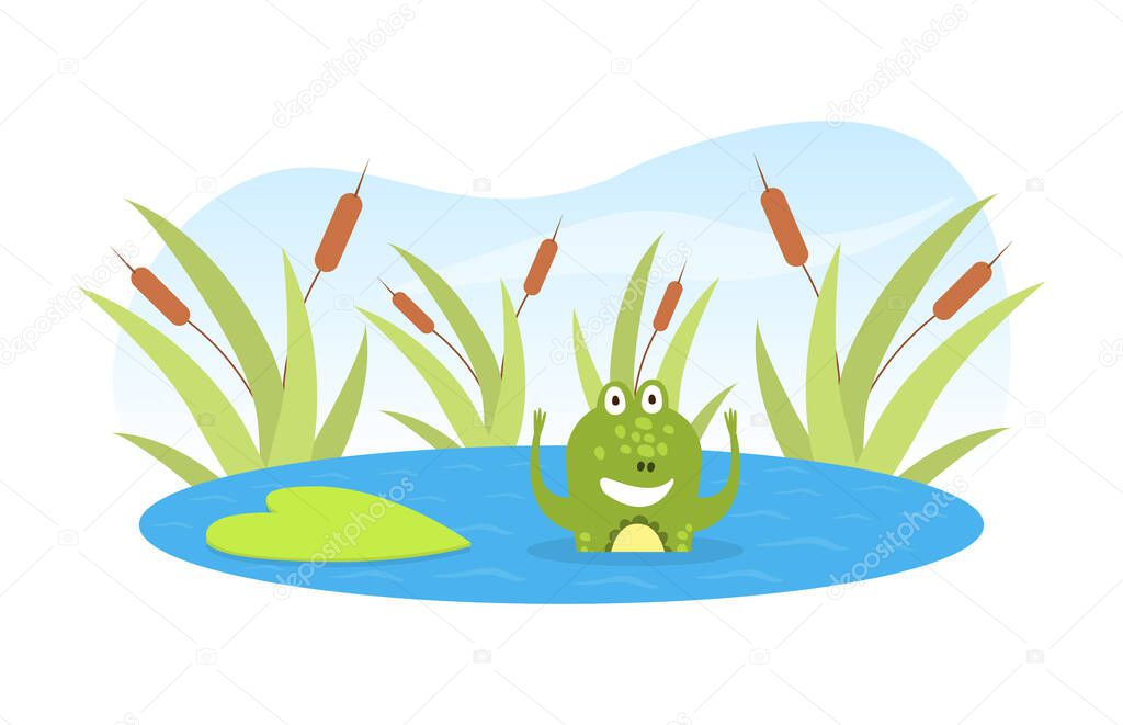 Green Funny Frog Swimming in Pond, Cute Amphibian Creature Cartoon Character Vector Illustration