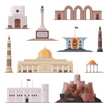 Umman 'a Seyahat, Muscat Şehir Mimarisi, Ünlü Tarihi Simgeler Koleksiyonu Düz Vektör Çizimi