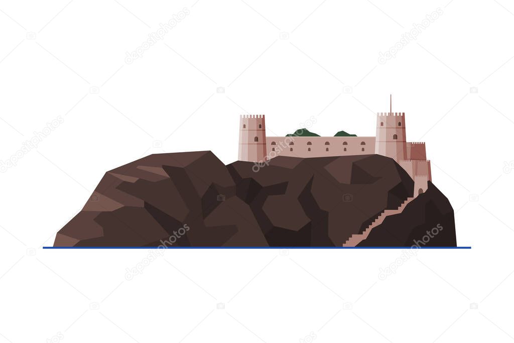 Mirani Fort, Muscat City Architecture, Oman Country Famous Landmark, Medieval Historical Building Flat Vector Illustration