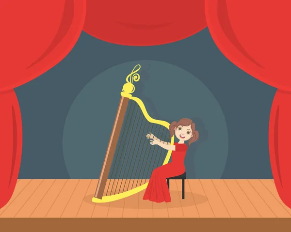 Cute Girl in Red Dress Playing Harp on Stage, Talented Kid Performing at Concert or Music Festival Vector Illustration — Stock Vector