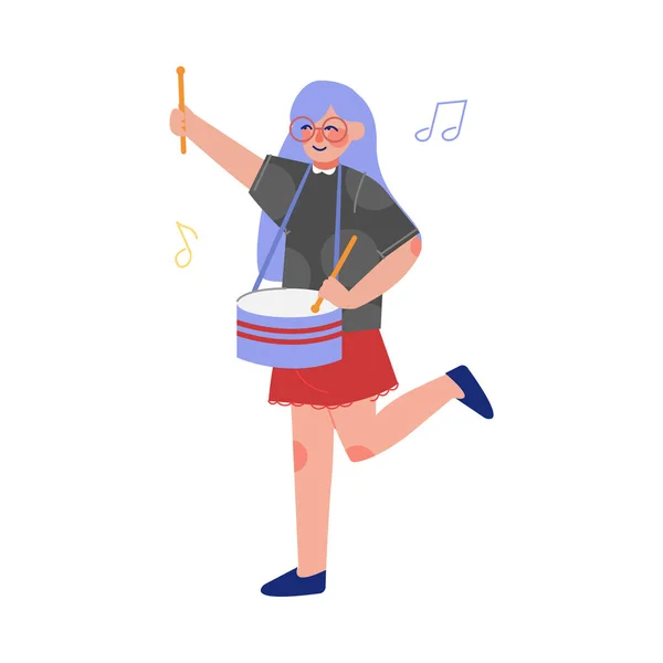 Menina adolescente tocando tambor instrumento musical, jovem talentoso músico personagem vetor ilustração no fundo branco — Vetor de Stock