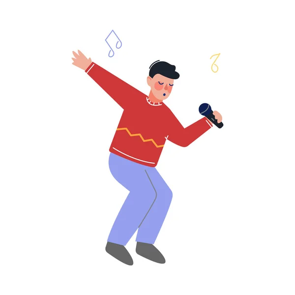 Teen Boy Singing with Microphone, Talented Teenager Character Performing in Concert, Τραγουδώντας Karaoke Vector Illustration on White Background — Διανυσματικό Αρχείο