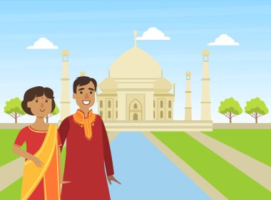 Ulusal Geleneksel Giysiler Giyen Hintli Çift Taj Mahal 'in Arkaplanında Bekliyor Vektör İllüzyonu