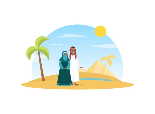 Pareja árabe vestida con ropa tradicional nacional de pie sobre el paisaje del desierto Vector ilustración — Vector de stock