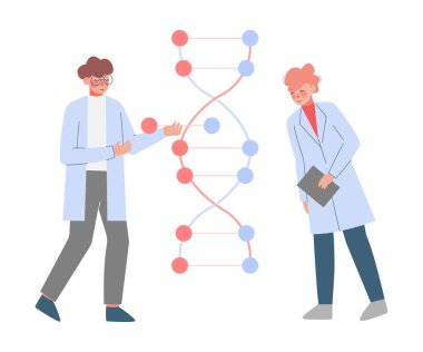 Laboratuvardaki bilim adamları, Beyaz Önlüklü Minik İnsanlar DNA Yapısı, Genom Değişikliği Düz Stil İllüstrasyonlu Profesyonel Araştırmacılar