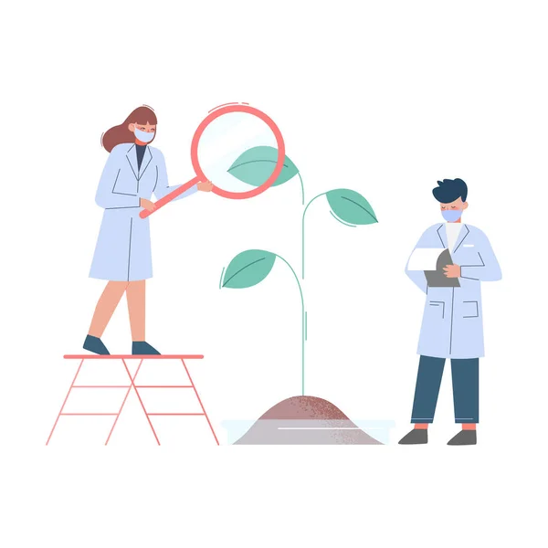 Επιστήμονες στο εργαστήριο, ομάδα των βιομηχανικών σε λευκό παλτό και ιατρική μάσκα προσώπου κάνει επαγγελματίες ερευνητές της επιστήμης με φυτό και μεγιστοποίηση αερίων επίπεδη στυλ διανυσματική εικονογράφηση — Διανυσματικό Αρχείο