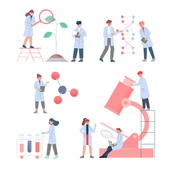 Scientists in Lab, Team of Bioengineers in White Coat doing Professional Science Researchers Flat Style Vector Illustration — 스톡 벡터