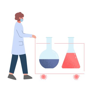 Laboratuvarda Kimyasal Araştırmalar Yapan Bilim Adamı, Beyaz Önlüklü Kadın ve Tıbbi Yüzlü Maskeli Kadın Kimya Laboratuvarı Flasks Flat Stili İllüstrasyon Aracı