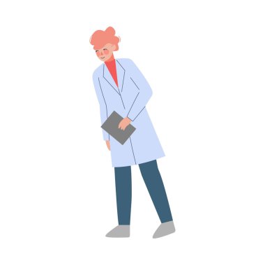 Kadın Bilimadamı veya Doktor Karakteri, Beyaz Ceketli Kadın Pano Düz Şekil Resimleriyle Duruyor