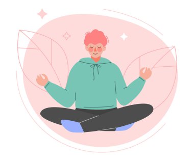 Genç Adam Bacakları çapraz ve Meditasyon Tarzı Vektör İllüzyonuyla Yerde Oturuyor