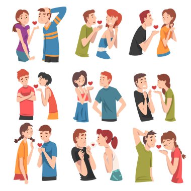 Modern gençler birbirlerini sevmeyi reddediyorlar. Bölünmemiş aşk. Vektör çizimleri kümesi.