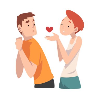 Adam kızın kalbini kabul etmiyor. Bölünmemiş aşk. Vektör illüstrasyonu.