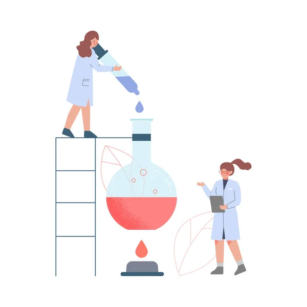 The Tiny People in White Coat doing Professional Chemical Researchers with Huge Laboratory Equipment Flat Style Vector Illustration — 스톡 벡터