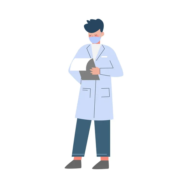 Forskare eller Doctor Character, Man in White Coat och Medical Face Mask Doing Professionella Forskare Platt Style Vector Illustration — Stock vektor