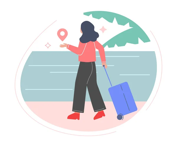 Mädchen mit Koffer in der Hand geht zur Ruhe auf dem Meer Flat Style Vector Illustration — Stockvektor