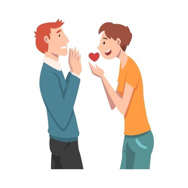 Le gars offre son cœur au gars. Un amour sans partage. Illustration vectorielle. — Image vectorielle