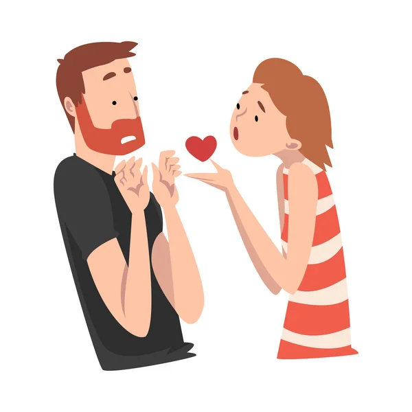 La ragazza offre il suo cuore a un ragazzo barbuto. Amore indiviso. Illustrazione vettoriale . — Vettoriale Stock