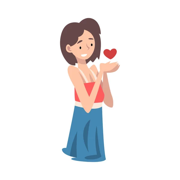 Young Woman Standing Sadly With Heart Vector Illustration — Stock Vector