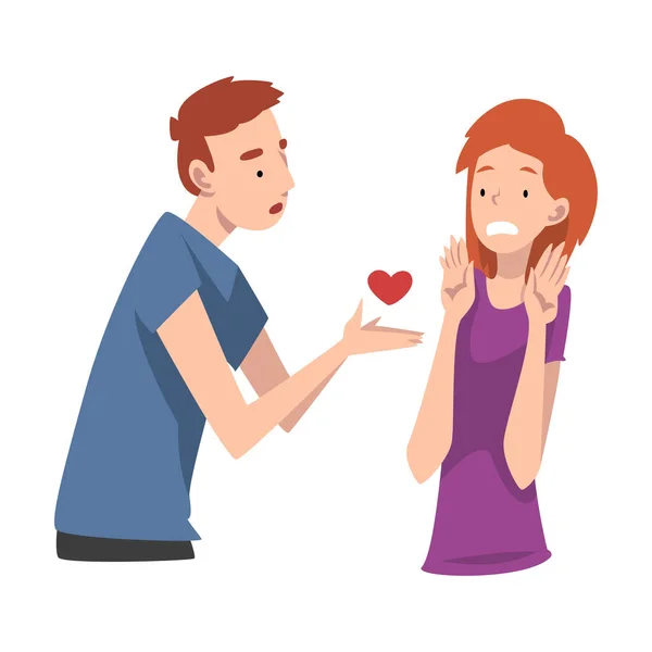 La chica no acepta el corazón del novio. Amor indiviso. Ilustración vectorial . — Archivo Imágenes Vectoriales