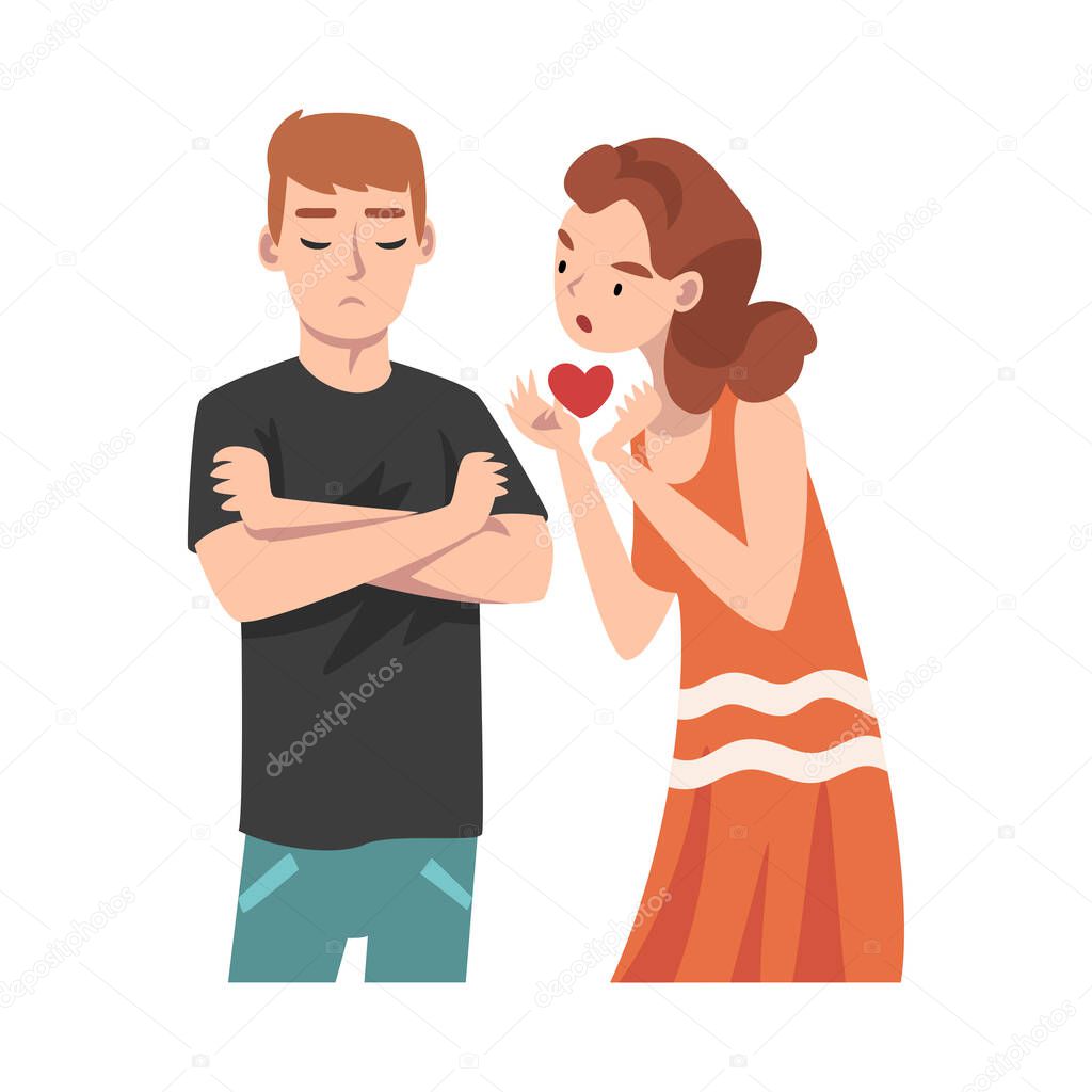 Girl dress offers her heart to a guy. Undivided love. Vector illustration.