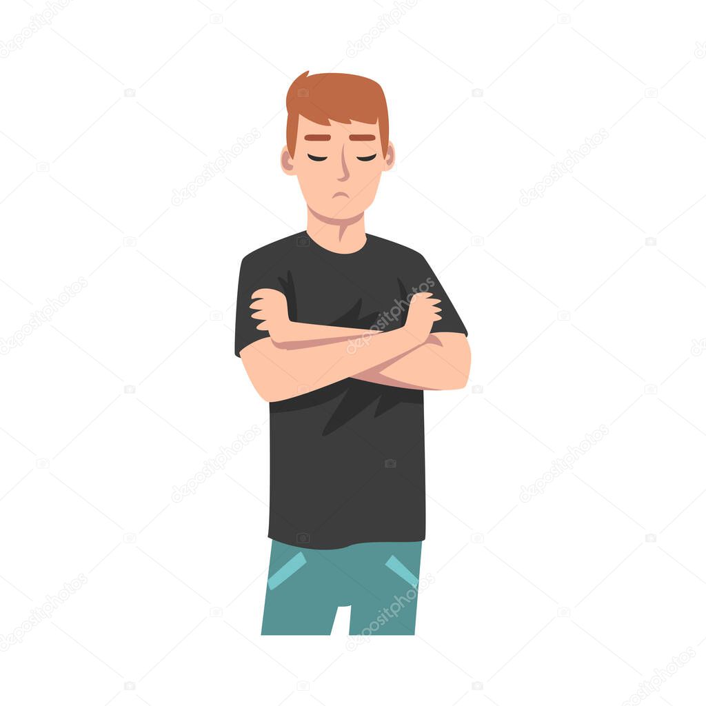 Guy folded his arms in a gourdy. Vector illustration.