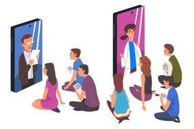 İnternet, Videokonferans ve Çevrimiçi Toplantı Çalışma Alanı Vektör İllüstrasyonu aracılığıyla iletişim