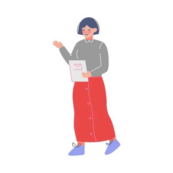 Carácter empresarial del gerente de oficina femenino con el documento de papel en sus manos, ilustración vectorial del empleado de oficina — Vector de stock